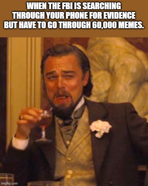 Laughing Leo Meme | WHEN THE FBI IS SEARCHING THROUGH YOUR PHONE FOR EVIDENCE BUT HAVE TO GO THROUGH 60,000 MEMES. | image tagged in memes,laughing leo,fbi,democrats,lol,communism | made w/ Imgflip meme maker