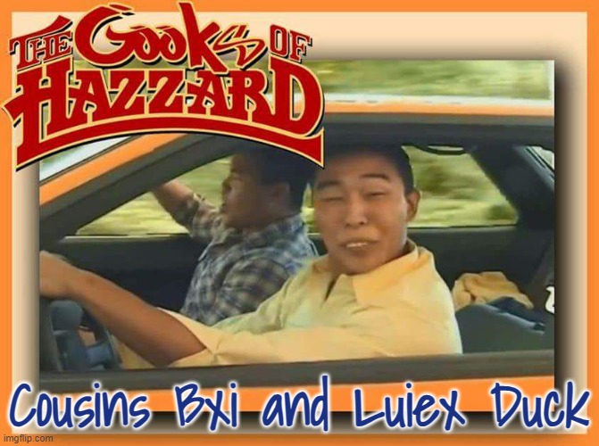 Duck Boys | Cousins Bxi and Luiex Duck | image tagged in dukes of hazzard,general tso,general lee,made in china,big trouble in little china,asian stereotypes | made w/ Imgflip meme maker