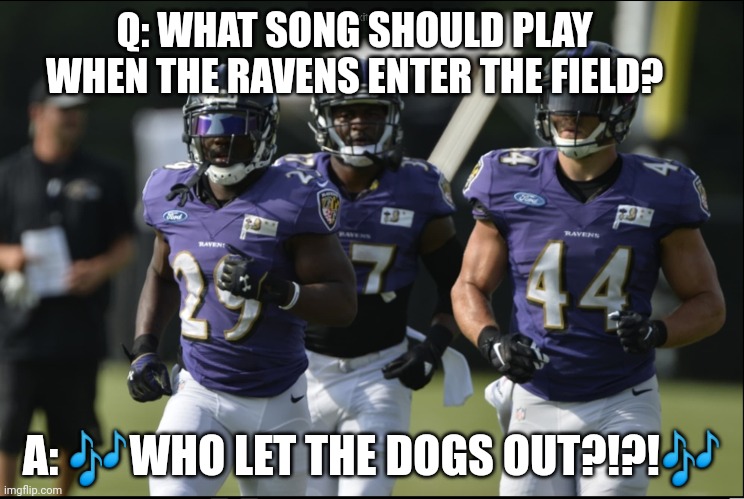 The ravens theme song | Q: WHAT SONG SHOULD PLAY WHEN THE RAVENS ENTER THE FIELD? A: 🎶WHO LET THE DOGS OUT?!?!🎶 | image tagged in nfl memes | made w/ Imgflip meme maker