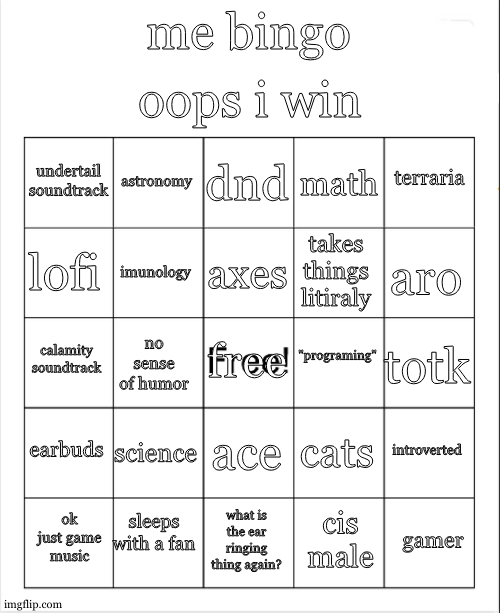 guess who | oops i win; me bingo; dnd; astronomy; terraria; undertail soundtrack; math; axes; lofi; aro; takes things litiraly; imunology; "programing"; calamity soundtrack; free; totk; no sense of humor; earbuds; science; introverted; cats; ace; sleeps with a fan; gamer; ok just game music; what is the ear ringing thing again? cis male | image tagged in blank bingo,and no im not hooking up | made w/ Imgflip meme maker