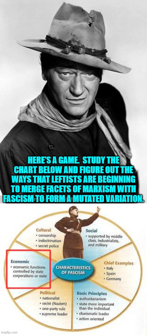 It's fairly obvious that this is what the Left's leadership is actually doing. | HERE'S A GAME.  STUDY THE CHART BELOW AND FIGURE OUT THE WAYS THAT LEFTISTS ARE BEGINNING TO MERGE FACETS OF MARXISM WITH FASCISM TO FORM A MUTATED VARIATION. | image tagged in john wayne cowboy | made w/ Imgflip meme maker
