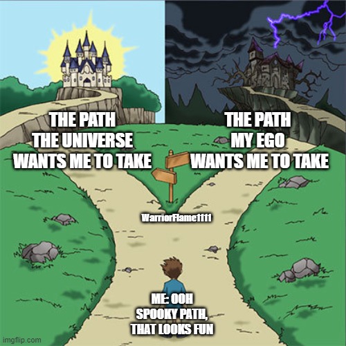 Crossroads in life | THE PATH THE UNIVERSE WANTS ME TO TAKE; THE PATH 
MY EGO 
WANTS ME TO TAKE; WarriorFlame1111; ME: OOH SPOOKY PATH, THAT LOOKS FUN | image tagged in two paths,ego,universe,the right path,crossroads | made w/ Imgflip meme maker