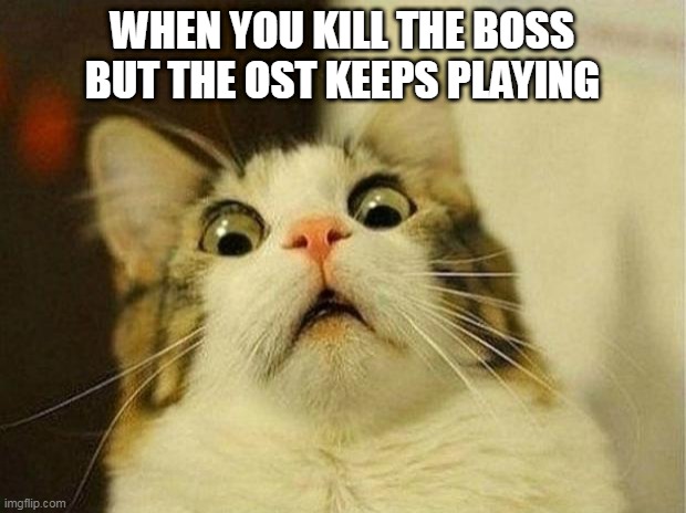 any similarity or copying to another meme is unintentional | WHEN YOU KILL THE BOSS BUT THE OST KEEPS PLAYING | image tagged in memes,scared cat,gaming,legend of zelda | made w/ Imgflip meme maker