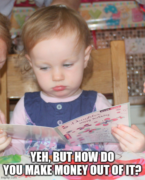 that face you make when there is no money in your birthday card | YEH, BUT HOW DO YOU MAKE MONEY OUT OF IT? | image tagged in that face you make when there is no money in your birthday card | made w/ Imgflip meme maker