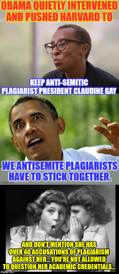 You're not allowed to scrutinize academic credentials... | AND DON'T MENTION SHE HAS OVER 40 ACCUSATIONS OF PLAGIARISM AGAINST HER... YOU'RE NOT ALLOWED TO QUESTION HER ACADEMIC CREDENTIALS... | image tagged in 0bama,plagiarist,antisemitism | made w/ Imgflip meme maker