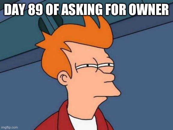Futurama Fry | DAY 89 OF ASKING FOR OWNER | image tagged in memes,futurama fry | made w/ Imgflip meme maker
