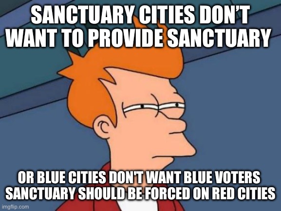 Fry think in blue | SANCTUARY CITIES DON’T WANT TO PROVIDE SANCTUARY; OR BLUE CITIES DON'T WANT BLUE VOTERS 
SANCTUARY SHOULD BE FORCED ON RED CITIES | image tagged in memes,futurama fry | made w/ Imgflip meme maker
