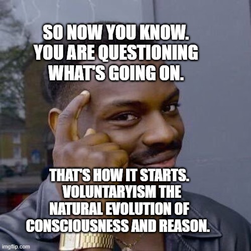 Thinking Black Guy | SO NOW YOU KNOW. YOU ARE QUESTIONING WHAT'S GOING ON. THAT'S HOW IT STARTS.   VOLUNTARYISM THE NATURAL EVOLUTION OF CONSCIOUSNESS AND REASON. | image tagged in thinking black guy | made w/ Imgflip meme maker