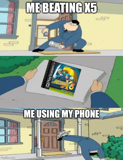 I'm beating x5 | ME BEATING X5; ME USING MY PHONE | image tagged in american dad newspaper,capcom,crazy | made w/ Imgflip meme maker