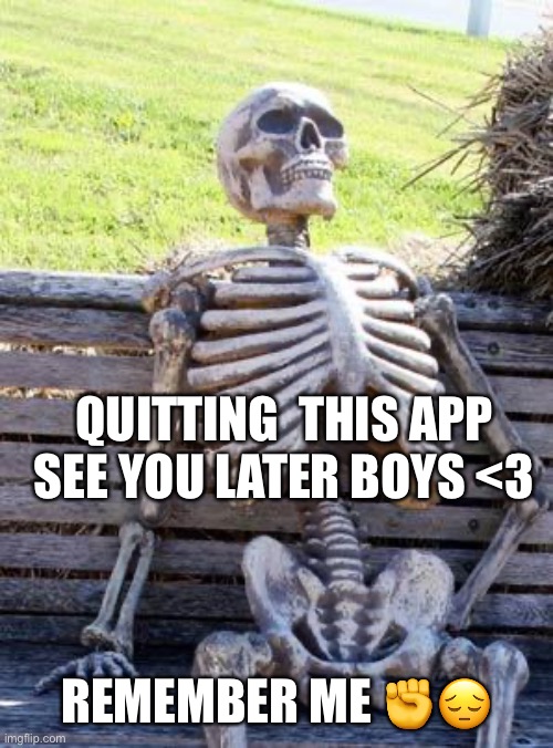 Im going bye gang | QUITTING  THIS APP SEE YOU LATER BOYS <3; REMEMBER ME ✊😔 | image tagged in memes,waiting skeleton | made w/ Imgflip meme maker