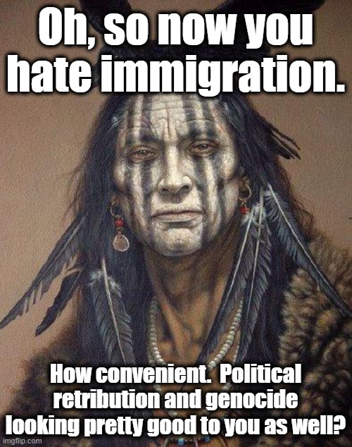Native American | Oh, so now you hate immigration. How convenient.  Political retribution and genocide looking pretty good to you as well? | image tagged in native american | made w/ Imgflip meme maker