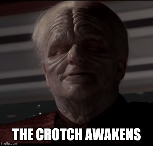 Darth Sidious Smile | THE CROTCH AWAKENS | image tagged in darth sidious smile | made w/ Imgflip meme maker
