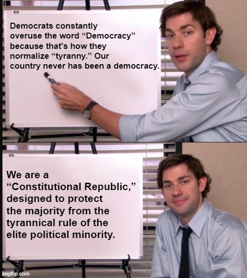 Why Democrats use the word "Democracy" | Democrats constantly overuse the word “Democracy” because that's how they normalize “tyranny.” Our country never has been a democracy. We are a “Constitutional Republic,” designed to protect the majority from the tyrannical rule of the elite political minority. | image tagged in jim halpert explains the difference,tyranny,freedom | made w/ Imgflip meme maker