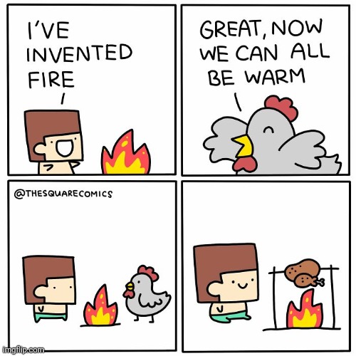 Fire invention | image tagged in fire,chicken,bird,invention,comics,comics/cartoons | made w/ Imgflip meme maker