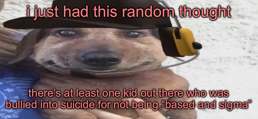 sad | i just had this random thought; there’s at least one kid out there who was bullied into suicide for not being “based and sigma” | image tagged in chucklenuts | made w/ Imgflip meme maker
