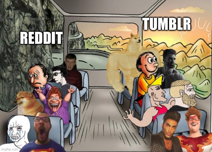 Several happy guys on bus vs. several sad guys on bus | TUMBLR; REDDIT | image tagged in several happy guys on bus vs several sad guys on bus,reddit,tumblr,memes,shitpost,virgin vs chad | made w/ Imgflip meme maker