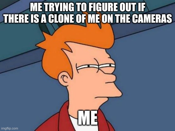 Futurama Fry | ME TRYING TO FIGURE OUT IF THERE IS A CLONE OF ME ON THE CAMERAS; ME | image tagged in memes,futurama fry | made w/ Imgflip meme maker