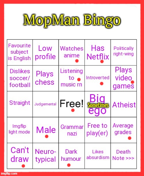 MopMan Bingo | Sometimes | image tagged in mopman bingo | made w/ Imgflip meme maker