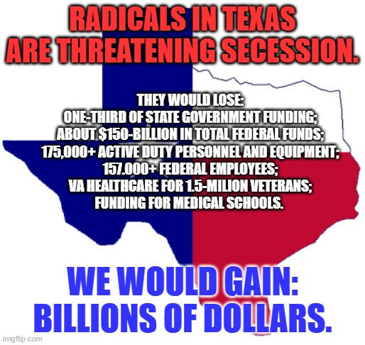 Good Riddance! | RADICALS IN TEXAS ARE THREATENING SECESSION. THEY WOULD LOSE:
ONE-THIRD OF STATE GOVERNMENT FUNDING;
ABOUT $150-BILLION IN TOTAL FEDERAL FUNDS;
175,000+ ACTIVE DUTY PERSONNEL AND EQUIPMENT;
157.000+ FEDERAL EMPLOYEES;
VA HEALTHCARE FOR 1.5-MILION VETERANS;
FUNDING FOR MEDICAL SCHOOLS. WE WOULD GAIN:
BILLIONS OF DOLLARS. | image tagged in texas clipart | made w/ Imgflip meme maker