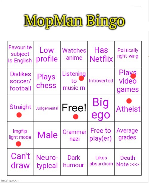 Bingo | image tagged in mopman bingo | made w/ Imgflip meme maker