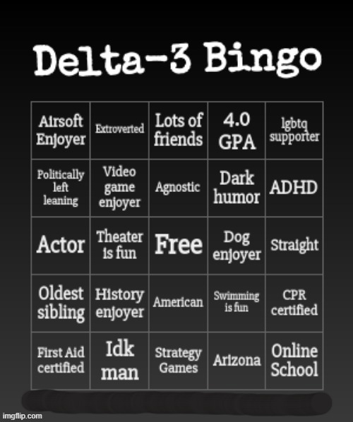 Delta-3's Bingo | image tagged in delta-3's bingo | made w/ Imgflip meme maker
