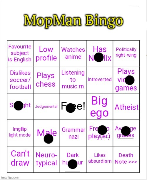 MopMan Bingo | image tagged in mopman bingo | made w/ Imgflip meme maker