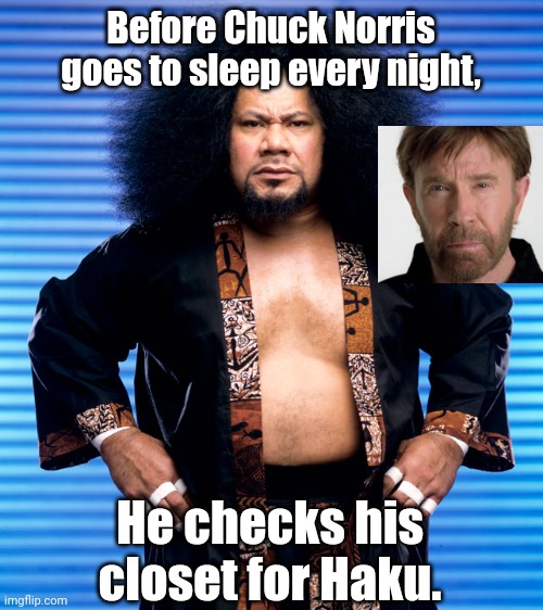 You simply don't mess with Meng/Haku. | Before Chuck Norris goes to sleep every night, He checks his closet for Haku. | image tagged in toughest dude,bamf,pro wrestling,meng,haku,badass | made w/ Imgflip meme maker