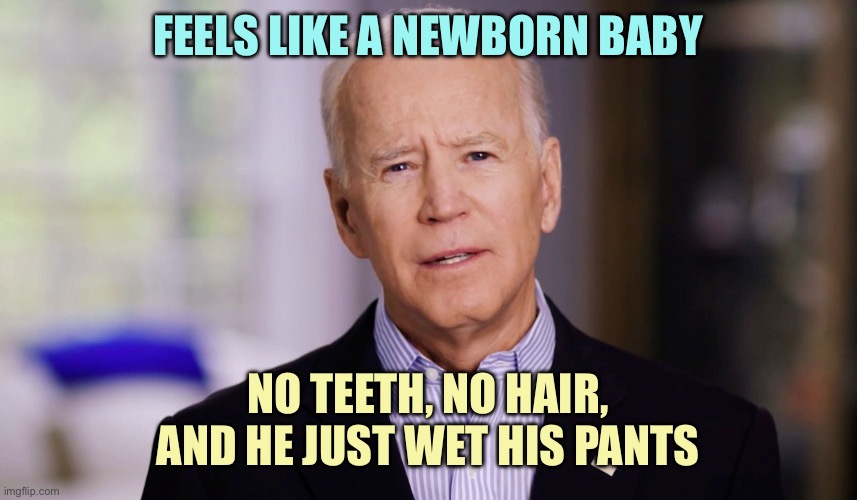 Joe Biden 2024 | FEELS LIKE A NEWBORN BABY; NO TEETH, NO HAIR, AND HE JUST WET HIS PANTS | image tagged in joe biden 2020,memes | made w/ Imgflip meme maker