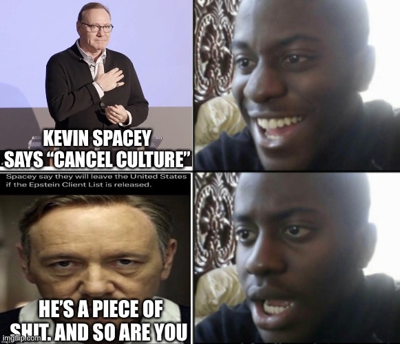 You know the type lolz | KEVIN SPACEY SAYS “CANCEL CULTURE”; HE’S A PIECE OF SHIT. AND SO ARE YOU | image tagged in happy / shock,lol,cancel culture | made w/ Imgflip meme maker