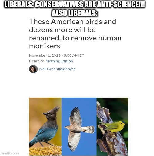 Wokists and birds: | LIBERALS: CONSERVATIVES ARE ANTI-SCIENCE!!!
ALSO LIBERALS: | image tagged in stupid liberals,woke,sjws,offended | made w/ Imgflip meme maker