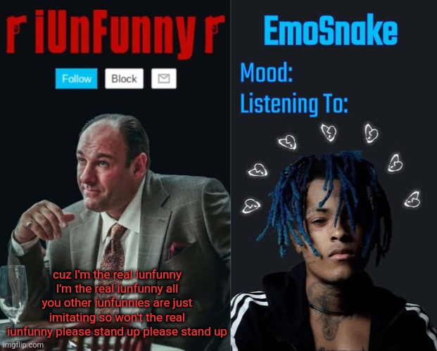 iUnFunny and EmoSnake template | cuz I'm the real iunfunny I'm the real iunfunny all you other iunfunnies are just imitating so won't the real iunfunny please stand up please stand up | image tagged in iunfunny and emosnake template | made w/ Imgflip meme maker