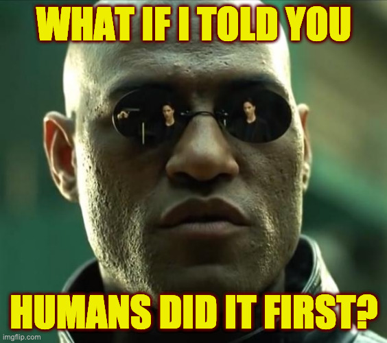 Morpheus  | WHAT IF I TOLD YOU HUMANS DID IT FIRST? | image tagged in morpheus | made w/ Imgflip meme maker