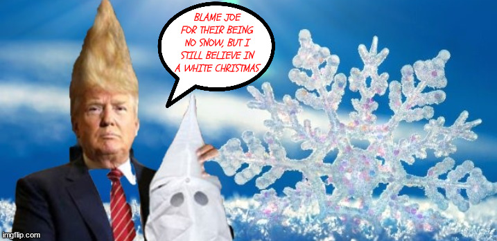 Merry Christmas form Donald J Trump | BLAME JOE FOR THEIR BEING NO SNOW, BUT I STILL BELIEVE IN A WHITE CHRISTMAS | image tagged in white xmass,trump,xmas,facist,white chistmas,santa claus | made w/ Imgflip meme maker