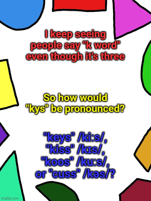 I'm asking because "y" can make different sounds | I keep seeing people say "k word" even though it's three; So how would "kys" be pronounced? "keys" /kiːs/,
"kiss" /kɪs/,
"koos" /kuːs/,
or "cuss" /kəs/? | image tagged in shapes,question | made w/ Imgflip meme maker