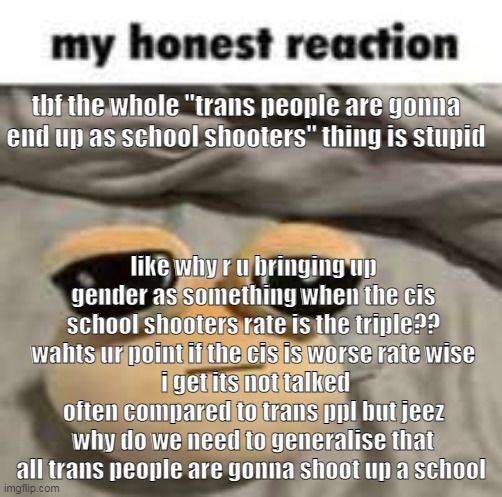 qo rant over im going to bed (i think) | tbf the whole "trans people are gonna end up as school shooters" thing is stupid; like why r u bringing up gender as something when the cis school shooters rate is the triple?? wahts ur point if the cis is worse rate wise
 i get its not talked often compared to trans ppl but jeez why do we need to generalise that all trans people are gonna shoot up a school | image tagged in my honest reaction | made w/ Imgflip meme maker