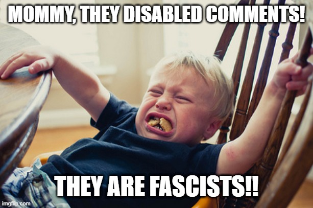 cry about it. | MOMMY, THEY DISABLED COMMENTS! THEY ARE FASCISTS!! | image tagged in toddler tantrum | made w/ Imgflip meme maker