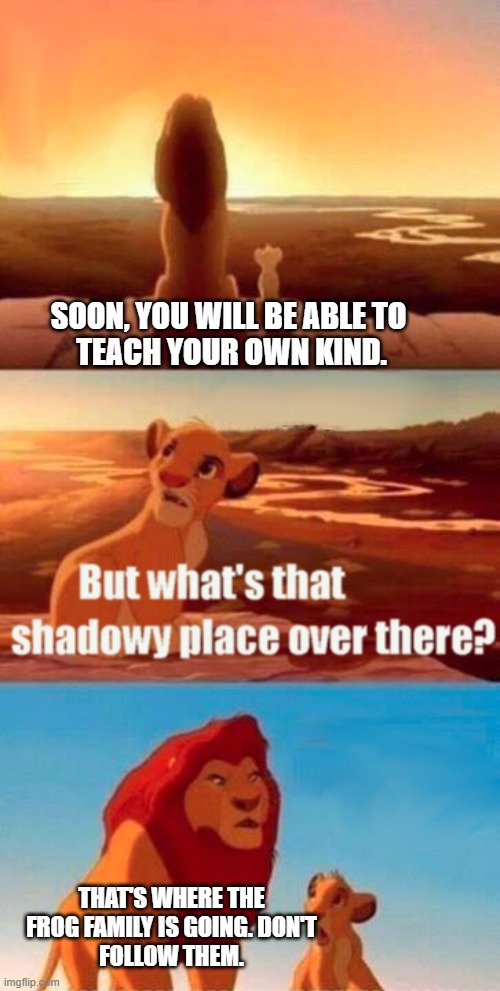Leapfrog Quiggley the mongoose tells the X sound trainer to not go with the frog family. | SOON, YOU WILL BE ABLE TO 
TEACH YOUR OWN KIND. THAT'S WHERE THE FROG FAMILY IS GOING. DON'T
FOLLOW THEM. | image tagged in memes,simba shadowy place | made w/ Imgflip meme maker