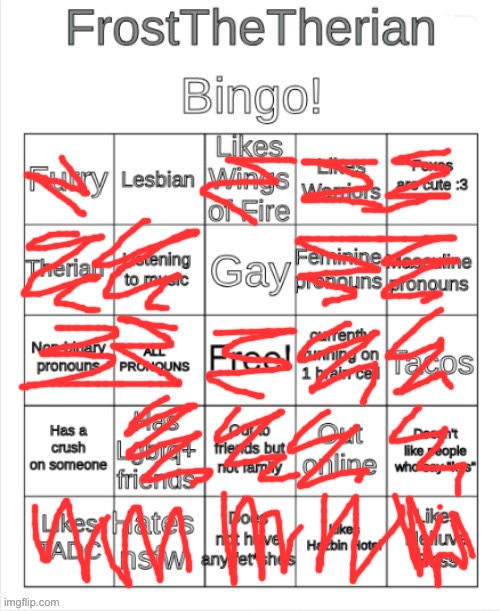 : > | image tagged in frost the therians bingo | made w/ Imgflip meme maker