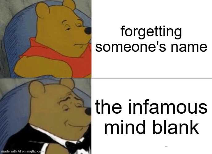 Tuxedo Winnie The Pooh | forgetting someone's name; the infamous mind blank | image tagged in memes,tuxedo winnie the pooh | made w/ Imgflip meme maker