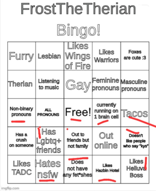 Frost the Therians bingo | image tagged in frost the therians bingo | made w/ Imgflip meme maker