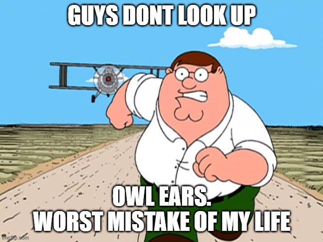 Trust me. | GUYS DONT LOOK UP; OWL EARS.
WORST MISTAKE OF MY LIFE | image tagged in peter griffin running away,cursed,peter griffin,advice,worst mistake of my life | made w/ Imgflip meme maker