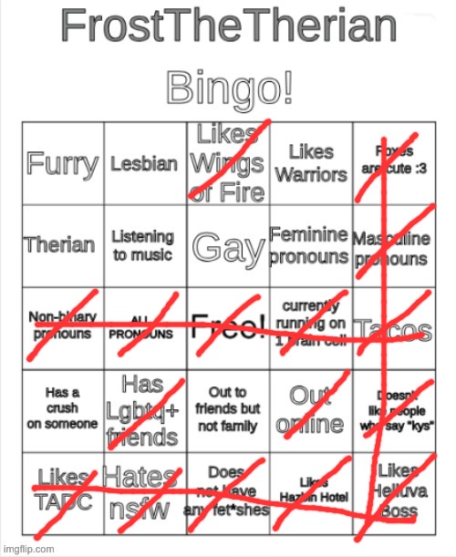 ayyyy (ik my announcement temp says im lesbian but im thinking bi recently) | image tagged in frost the therians bingo | made w/ Imgflip meme maker