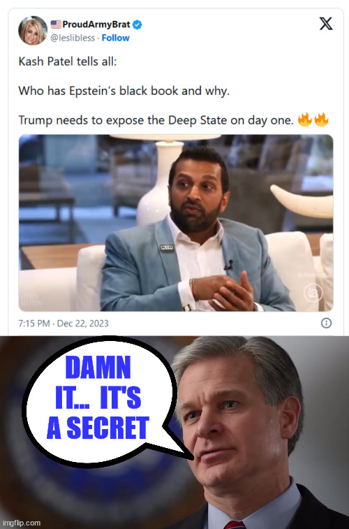 Wray has been hiding the Epstein client list all along... | DAMN IT...  IT'S A SECRET | image tagged in christopher wray,crooked fbi hiding epstein evidence | made w/ Imgflip meme maker