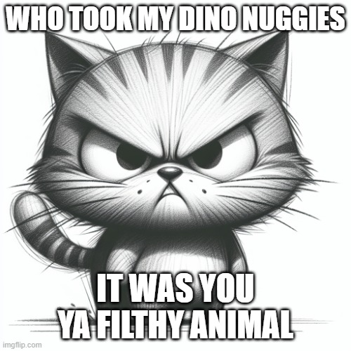 WHYYY | WHO TOOK MY DINO NUGGIES; IT WAS YOU YA FILTHY ANIMAL | image tagged in angry cat | made w/ Imgflip meme maker