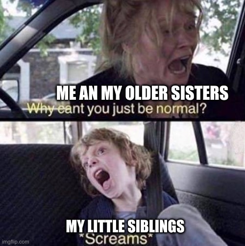 rain to the fire | ME AN MY OLDER SISTERS; MY LITTLE SIBLINGS | image tagged in why can't you just be normal | made w/ Imgflip meme maker