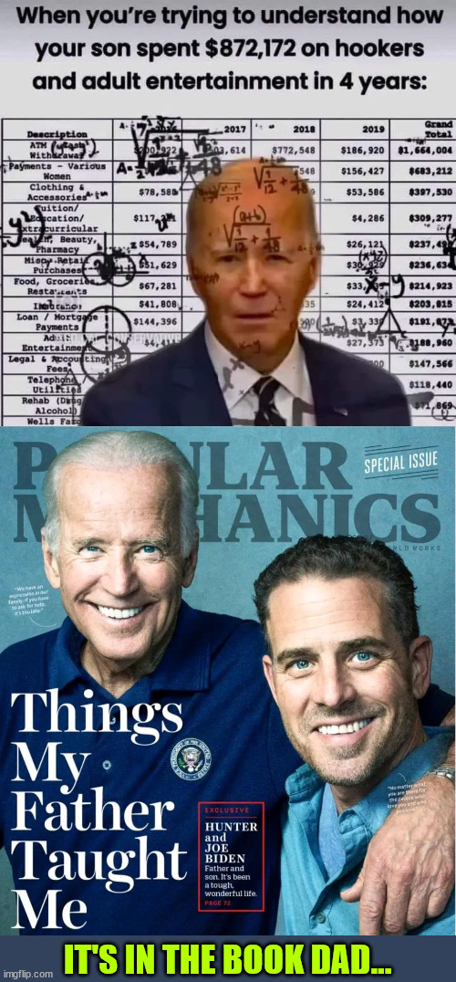 It's in the book Dad, buy a copy... | IT'S IN THE BOOK DAD... | image tagged in biden,crime,family,hunter,explains all | made w/ Imgflip meme maker