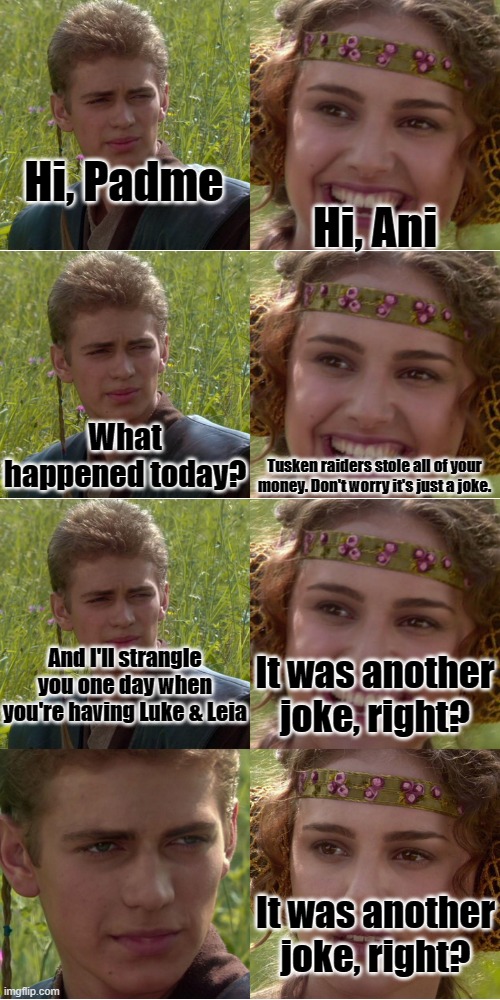 Hol up | Hi, Padme; Hi, Ani; What happened today? Tusken raiders stole all of your money. Don't worry it's just a joke. And I'll strangle you one day when you're having Luke & Leia; It was another joke, right? It was another joke, right? | image tagged in anakin padme 4 panel,star wars,dark humor | made w/ Imgflip meme maker