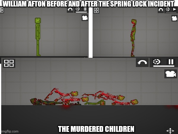 FNAF BE LIKE | WILLIAM AFTON BEFORE AND AFTER THE SPRING LOCK INCIDENT; THE MURDERED CHILDREN | image tagged in melon | made w/ Imgflip meme maker