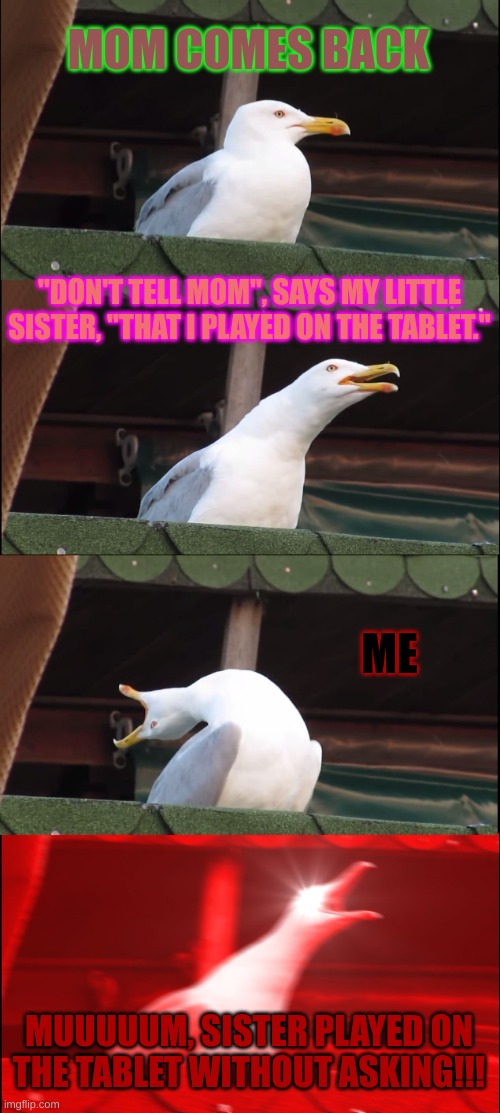 Inhaling Seagull Meme | MOM COMES BACK; "DON'T TELL MOM", SAYS MY LITTLE SISTER, "THAT I PLAYED ON THE TABLET."; ME; MUUUUUM, SISTER PLAYED ON THE TABLET WITHOUT ASKING!!! | image tagged in memes,inhaling seagull | made w/ Imgflip meme maker