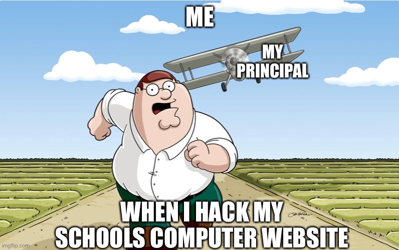 E when I hack the schools website | ME; MY PRINCIPAL; WHEN I HACK MY SCHOOLS COMPUTER WEBSITE | image tagged in peter come back you bang bang kojak american fat sauce | made w/ Imgflip meme maker